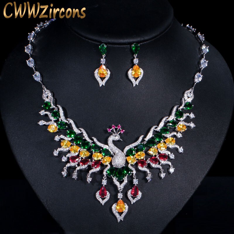 CWWZircons Luxury Multicolored Cubic Zirconia Big Peacock Choker Necklace Wedding Jewellery Set Bridal Costume Jewelry T331: Default Title