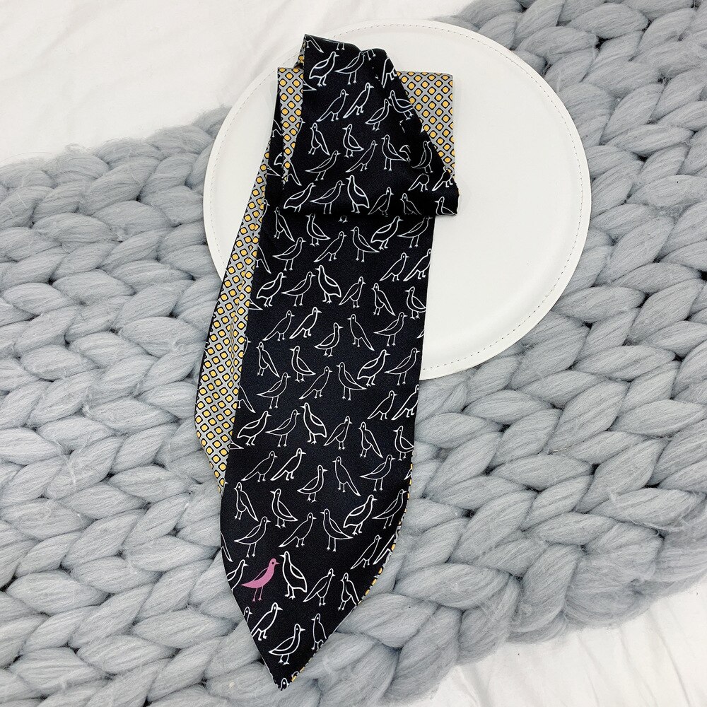Factory Double Printing Long Silk Women Neckerchief Skinny Bag Scarf Female Neck Twill Silk Scarf Head Scarves Wraps For Ladies: bird Black