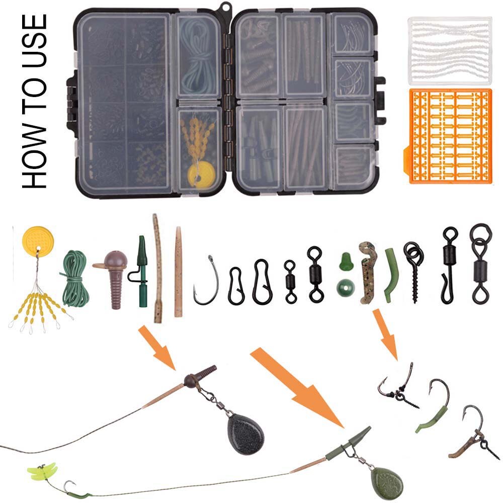 Equipo de pesca de carpa, aparejos de pesca, accesorios con manga antienredos, clips de plomo, conector giratorio mate, 292 Uds.