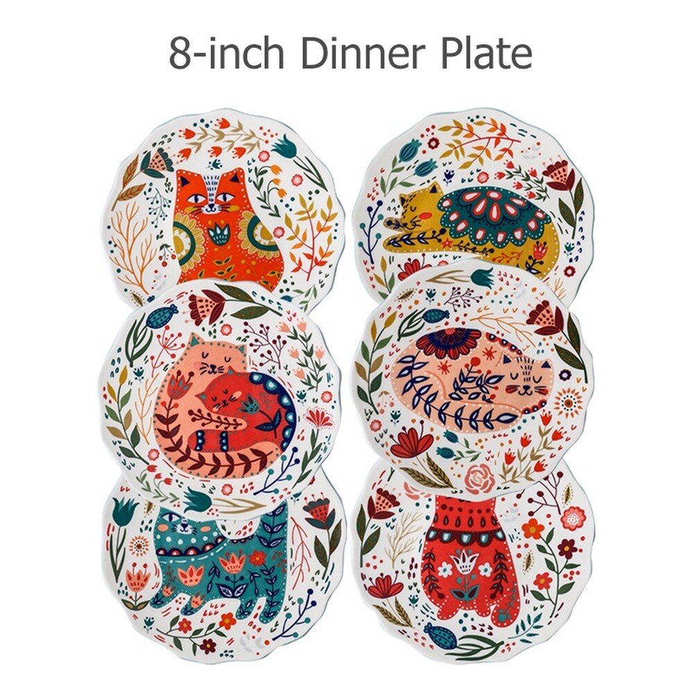 8 inch Hand-painted Cat Dinner Plate Under-glazed Ceramic Dinner Dishes Dessert Tray Flower Kitten Dinnerware Microwave Safe