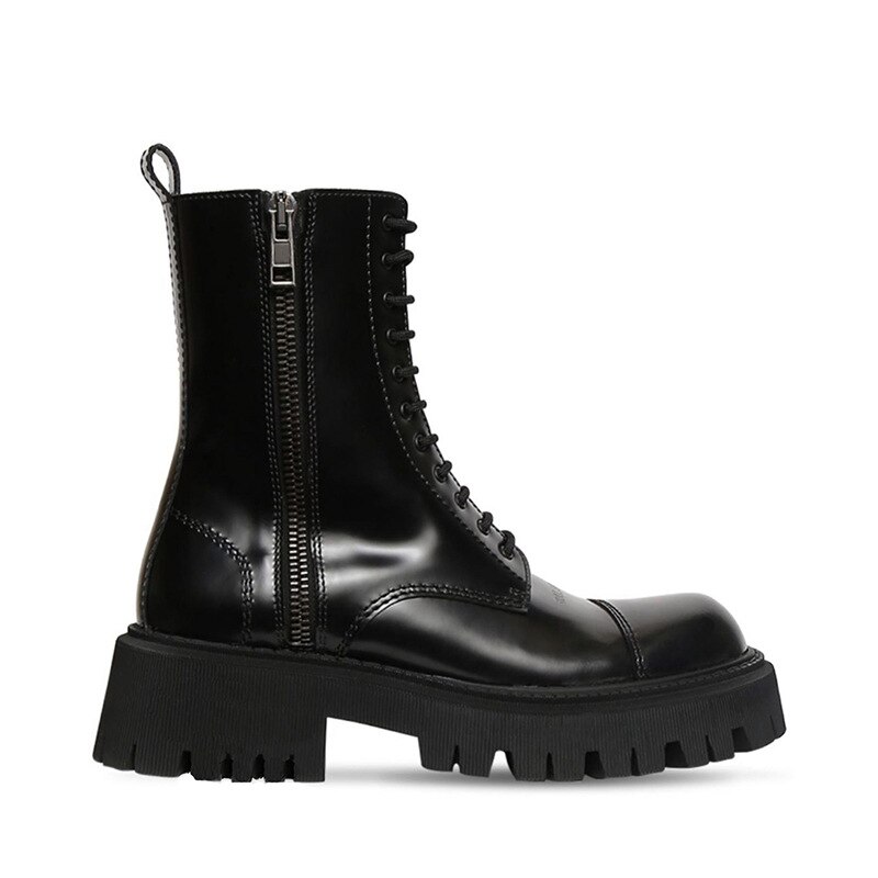 2020 plataforma chunky ankle boots feminino lado zíper rendas-up botas curtas mulheres design da marca estilo rua botas de motocicleta mujer: Black Autumn Boots / 3.5