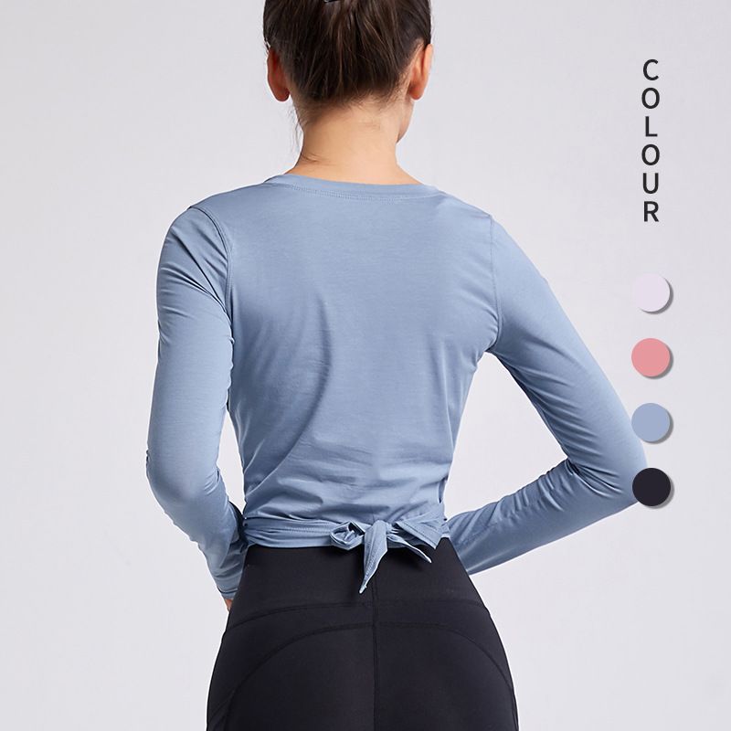 Damen-t-shirts für herbst und winter, geknotetes yoga-sporttop, dehnbar, dünn, schnelltrocknend, eng anliegend, lange ärmel, rundhalsausschnitt, trainingskleidung