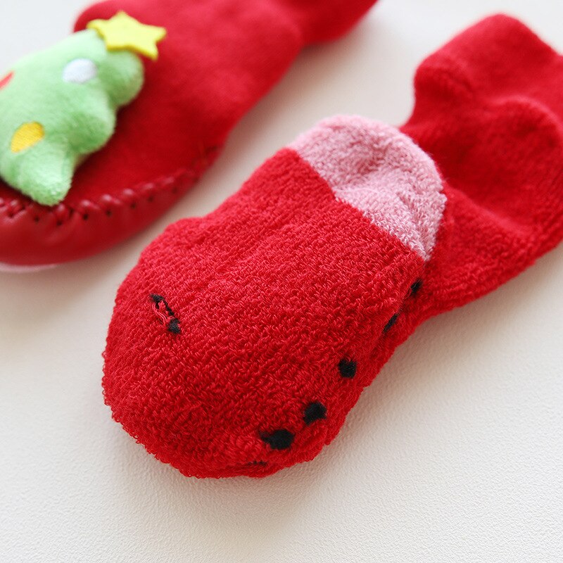 Winter Born Baby Christmas Socks Rubber Soles Skid Resistant Indoor Socks Warm Thick Toddler Girl Sock Shoes Year