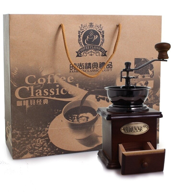 Retro vintage træ manuel håndsving kaffekværn kaffebønnemølle slibemaskine med cafeterie kaffemaskine pot sæt