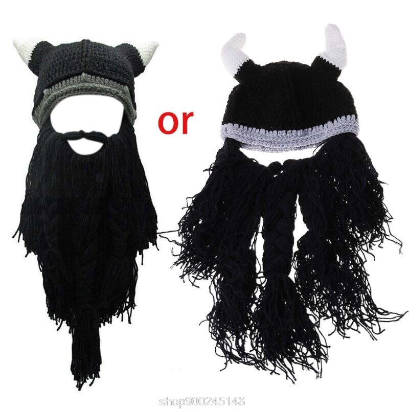 Vuxen cosplay stickad vikinga skägg horn hatt skidmask barbar vagabond vintage mössa vintervärmare  n12 20