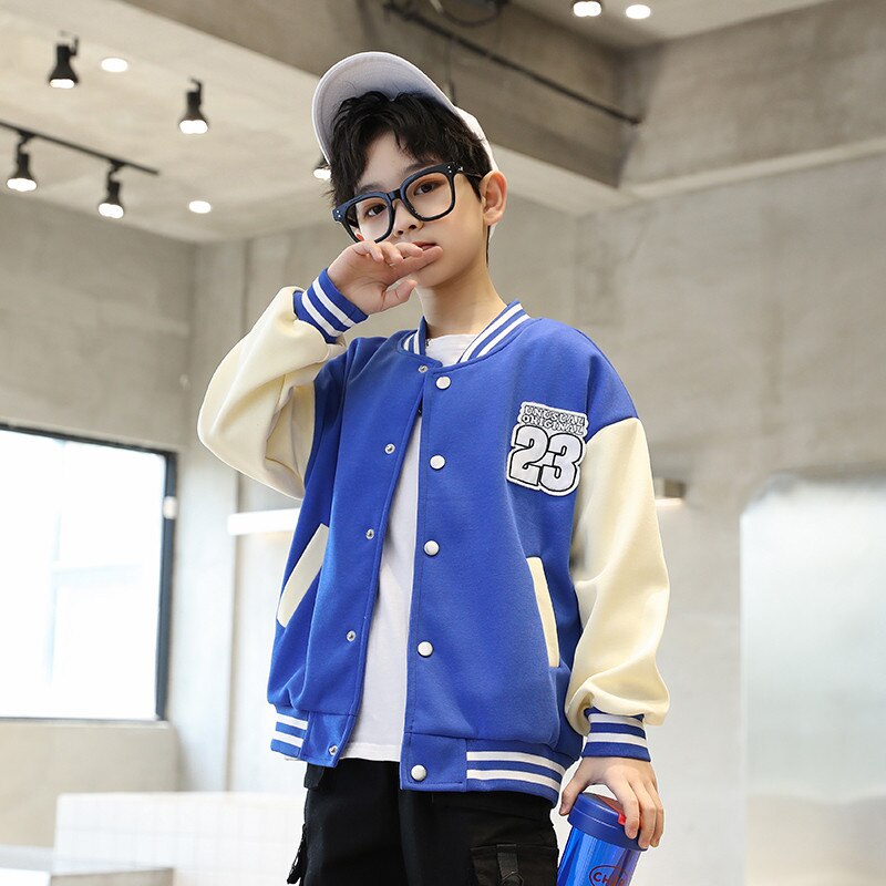 Novos meninos outono primavera casaco escola meninos casuais jaqueta esportiva crianças outwear casual crianças roupas carta uniforme de beisebol 5-14y: Azul / 13