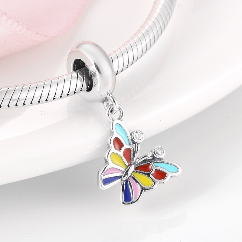 Authentic 925 Sterling Silver Colorful flower butterfly Enamel Beads fit Bracelets Bangles DIY Womens Jewelry making