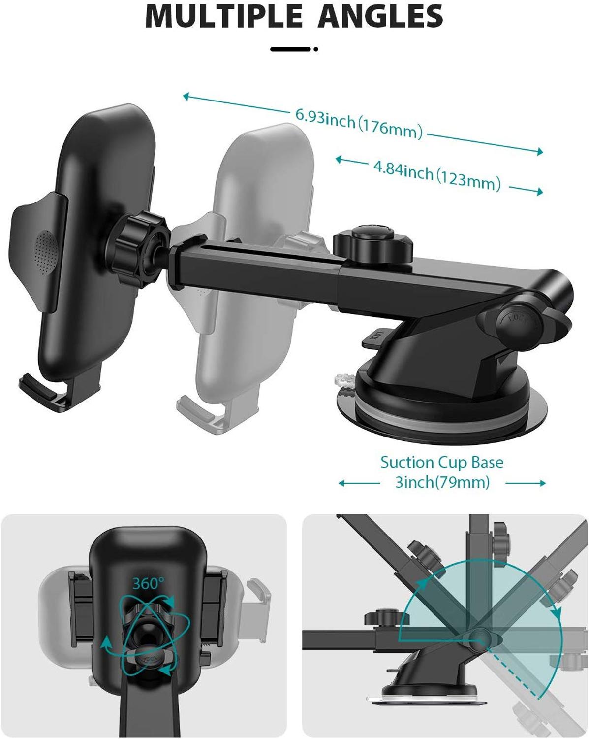 Car Phone Mount with Dashboard+Air Vent Cell Phone Holder 2 in 1, Long Arm Strong Suction Car Phone Holder,Compatible All Phones