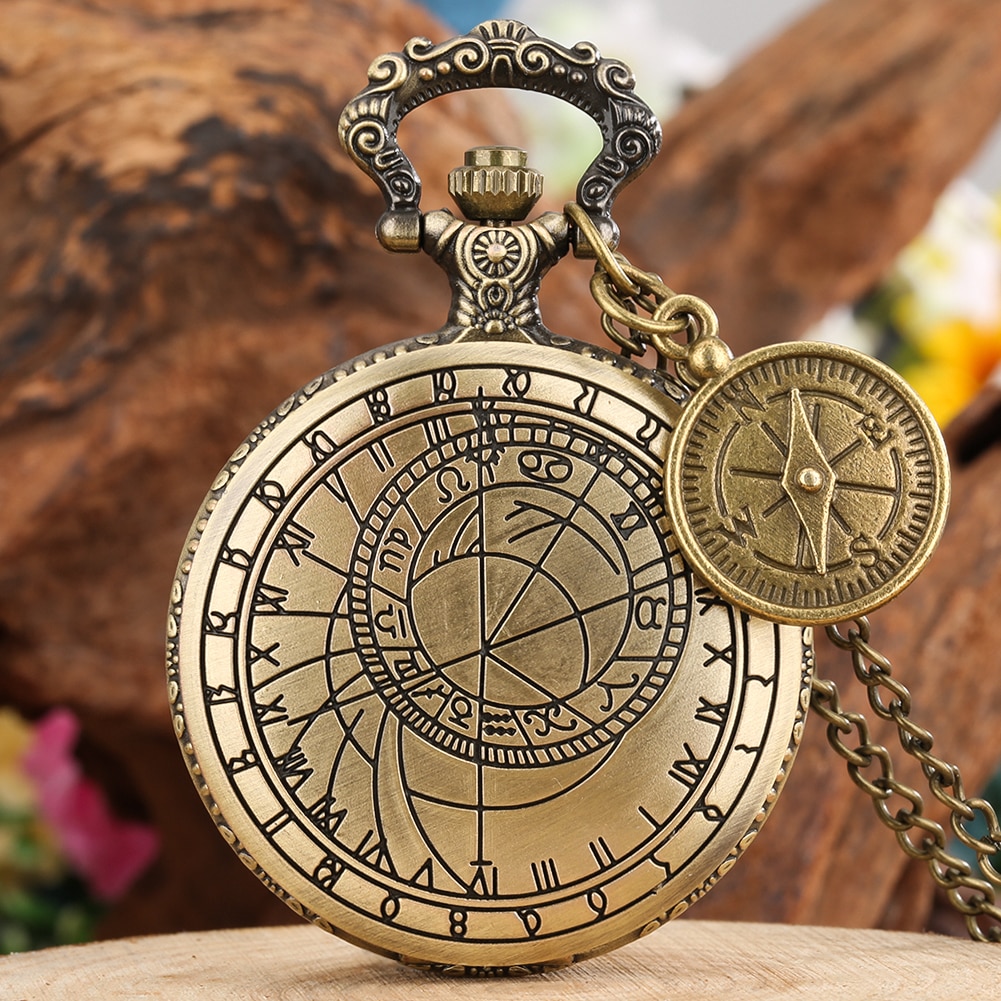 Unisex Antique Astrology Compass Pocket Watch Quartz Retro Bronze Necklace Fob Clock with Chain Compass Accessory Man Women