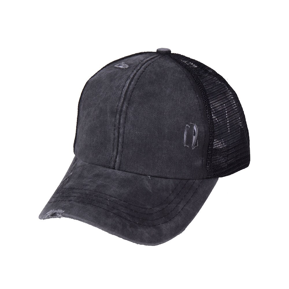 Women's Wash Cap Casquette Light Board Retro Ponytail Baseball Cap Cotton-Padded Cap Ripped Hole Cross Cap: Black 1