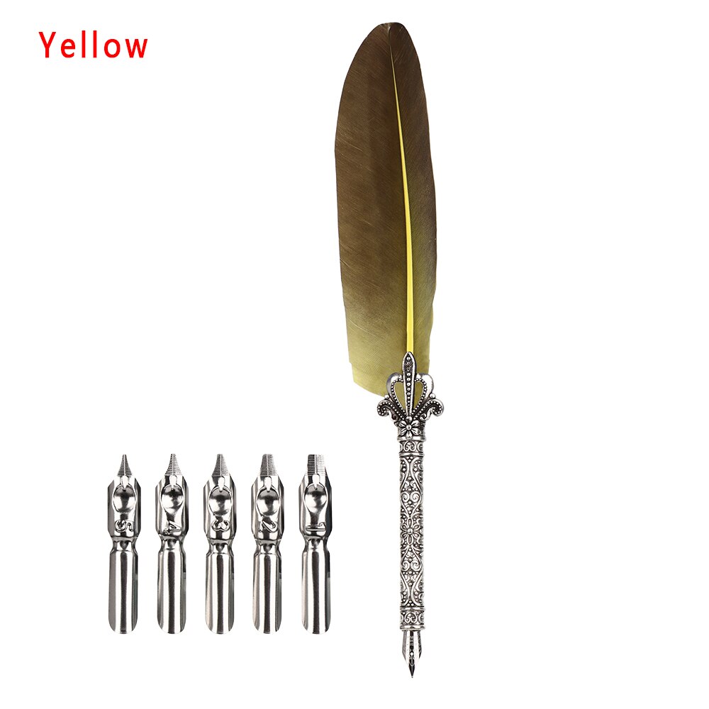 1Set Feder Dip Brunnen Stift Chancery Quill Türkei Schrägen Stifte + 5 stücke Nib Geschnitzte Metall für Phantasie Kalligraphie vintage Stift: Gelb