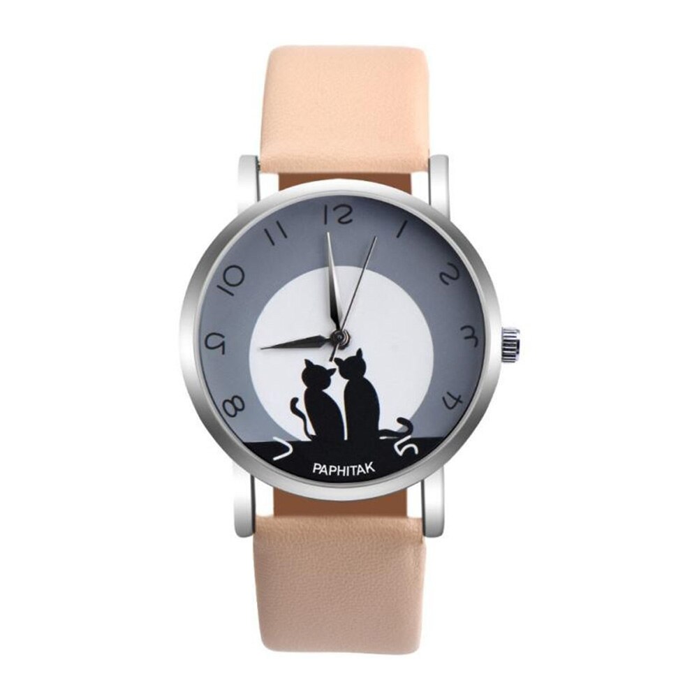 Männer Frauen relogios Schöne Katze Quarz Analog Arabische Zahlen Party Datum Paar Armbanduhr reloj bajan saat HEIßER frau uhr: Beige