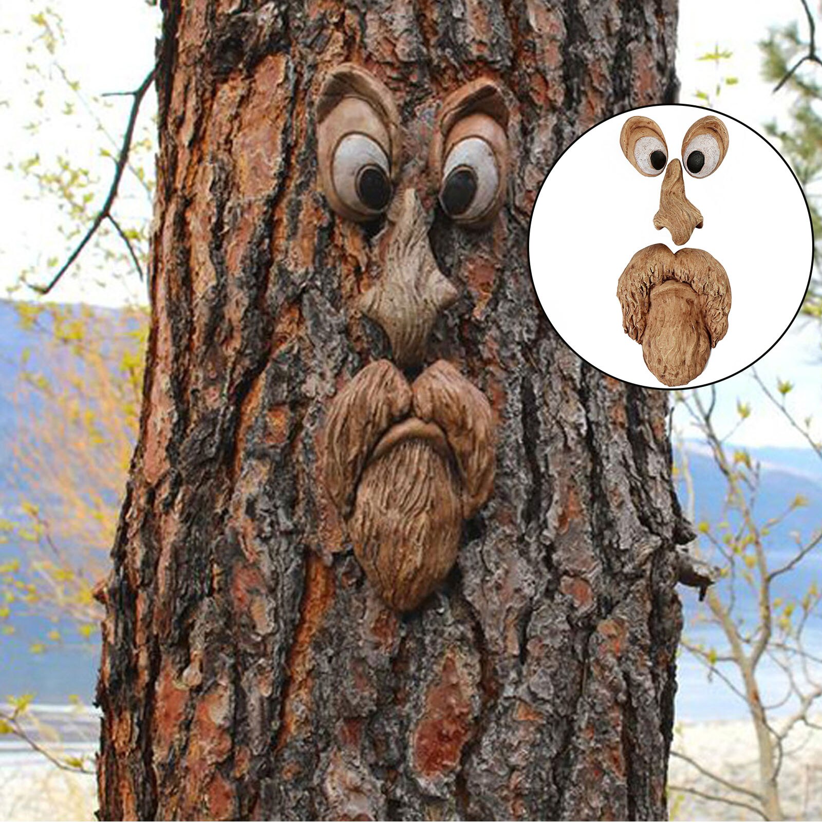 Træ ansigter indretning påske dekorationer gammel mand træ ansigt skulptur bark ansigtstræk have kigger gård kunst udendørs dekoration: Stil a