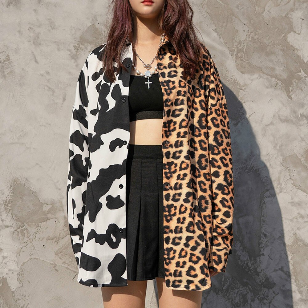 Homme chemise imprimé léopard vache bicolore à manches longues chemise hawaïenne plage fête streetwear Harajuku hip-hop décontracté haut ample