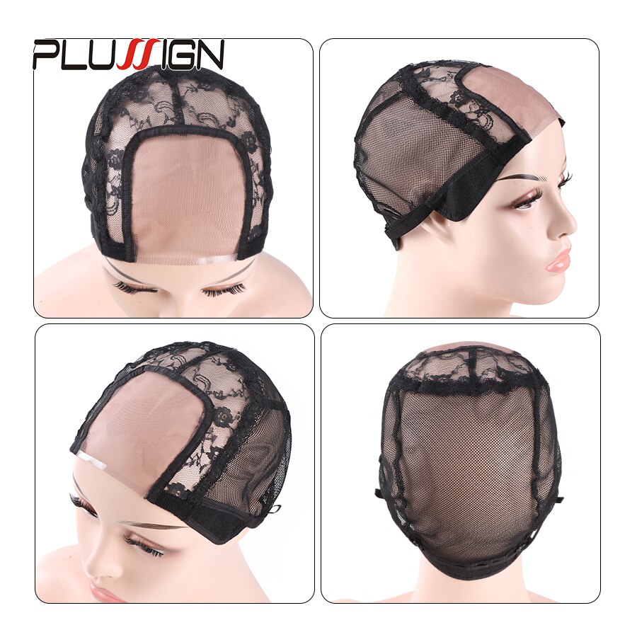 6Pcs Black U Part Wig Cap With Adjustable Straps Transparent Swiss Lace Wig Cap For Making Wigs 56Cm Lace Frontal Wig Caps