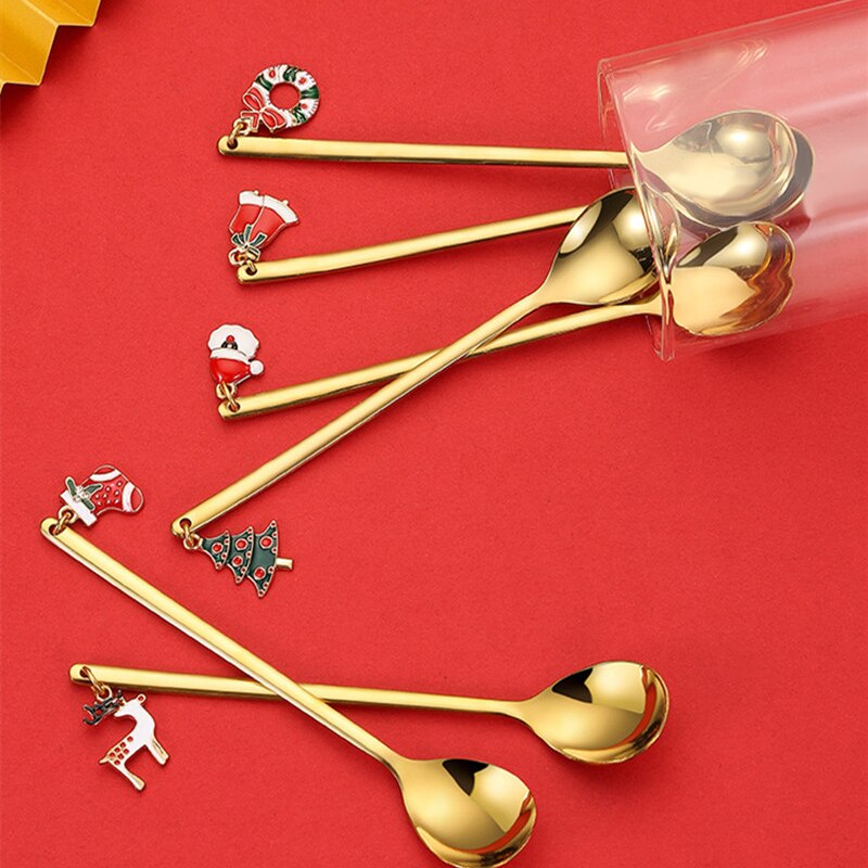 6Pcs Mengen Scoops Koffie Lepel Roestvrij Staal Mengen Roerder Suiker Dessert Ijs Kerst Servies Eetlepels