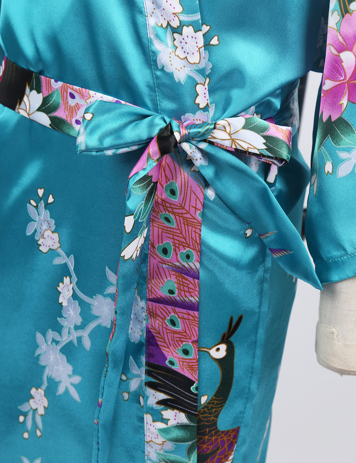 Barn flickor påfågel blomma tryckt satin kimono dräkt kors omlott v-ringad dräkter morgonrock nattlinne sovkläder för spa fest födelsedag