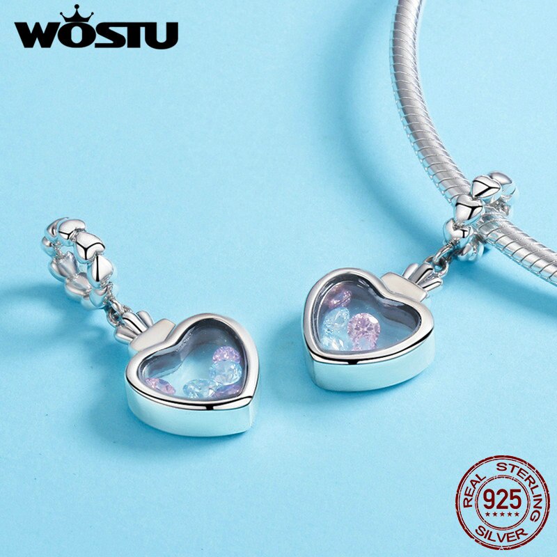 Wostu authentic 925 prata esterlina cor redonda cz pedra dentro da caixa de memória coração pingente apto para feminino pulseira colar cqc588