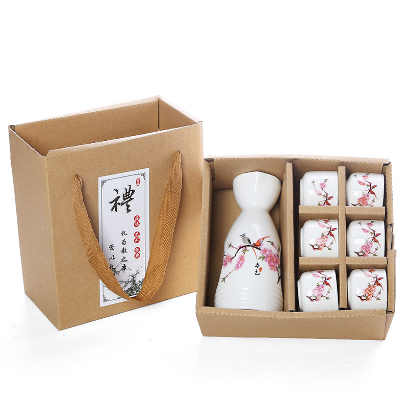 Japanese Sake Set, 6 Pieces Sake Set Hand Painted Porcelain Pottery Traditional Ceramic Cups Crafts Wine Glasses Box