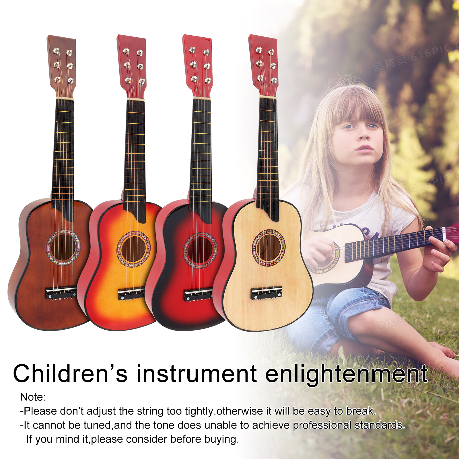 25 tommer 4 farver basswood akustisk guitar med pick-strings legetøjsguitar til børn og begyndere