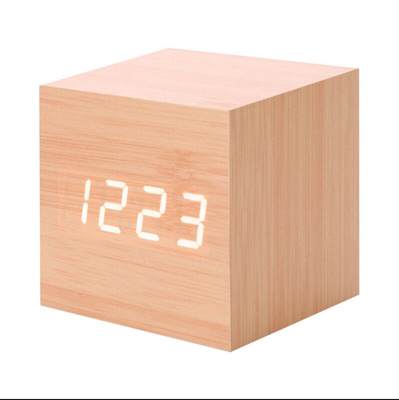 Houten Creatieve Kubus Digitale Led Desk Alarm Thermometer Timer Kalender Usb Aaa Klok: Wood color