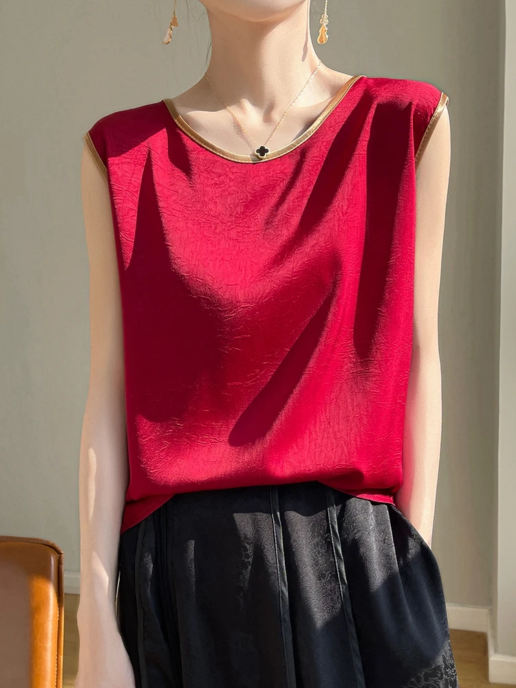 Women Summer Artificial Silk Satin Embossing Flower Thin O-neck Tank Top Gold Collar Hem Smooth Camisole Basic Model Silky Camis