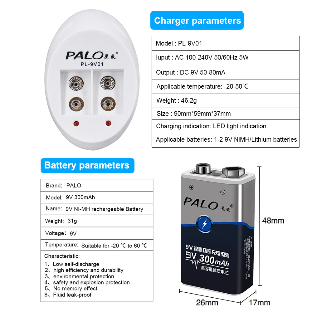 PALO 300mAh 9V NIMH batterie Rechargeable 6F22 9V couronne batterie + 9V chargeur de batterie pour 9V NI-MH Li-ion Batteries rechargeables