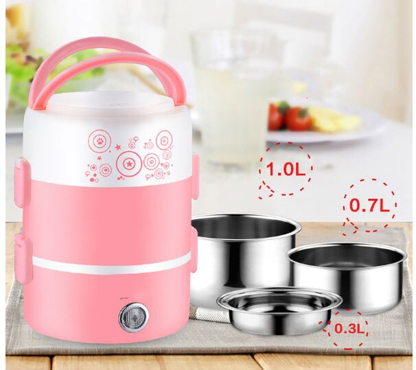 Cuiseur à riz électrique cuiseur à vapeur multifonctionnel acier inoxydable Mini boîte à déjeuner Portable 3 couches Thichken corps anti-dérapant boucle: layer 3 pink