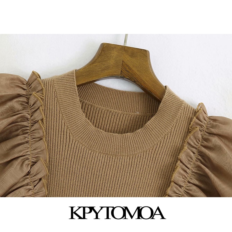 Kpytomoa kvinnor chic organza patchwork stickade beskurna blusar vintage o hals kortärmade kvinnliga klänningar mujer