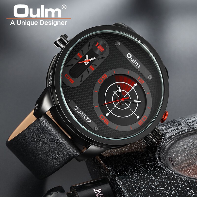 Oulm 3221B Grote Wijzerplaat Mannen Sport Horloges Luxe Mannelijke Quartz Klok Twee Tijdzone Lederen Band Horloge