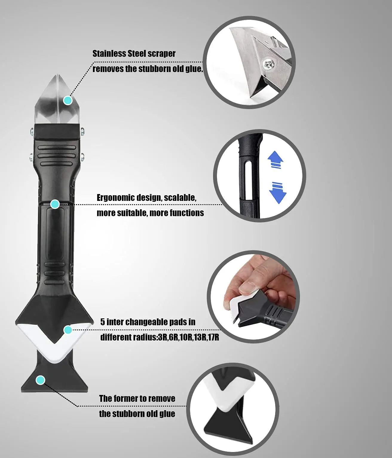 Siliconen kitgereedschap 5-in-1 multifunctioneel schrapergereedschap Grout- en kitverwijderingsgereedschap voor badkamer Keuken Vloer Raamgootsteen