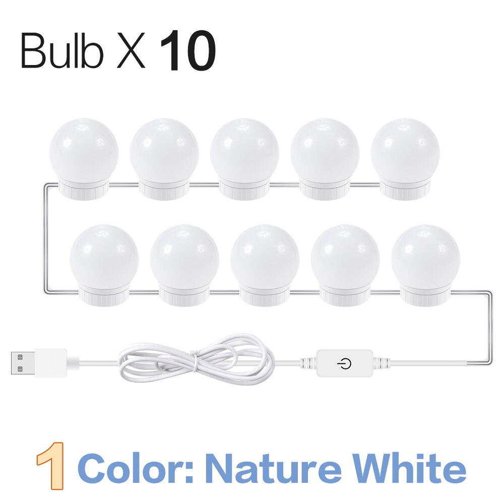 3 Modes Kleuren Make-Up Spiegel Licht Led Touch Dimmen Ijdelheid Kaptafel Lamp Usb Hollywood Make Up Spiegel wandlamp: Nature White 10Bulbs