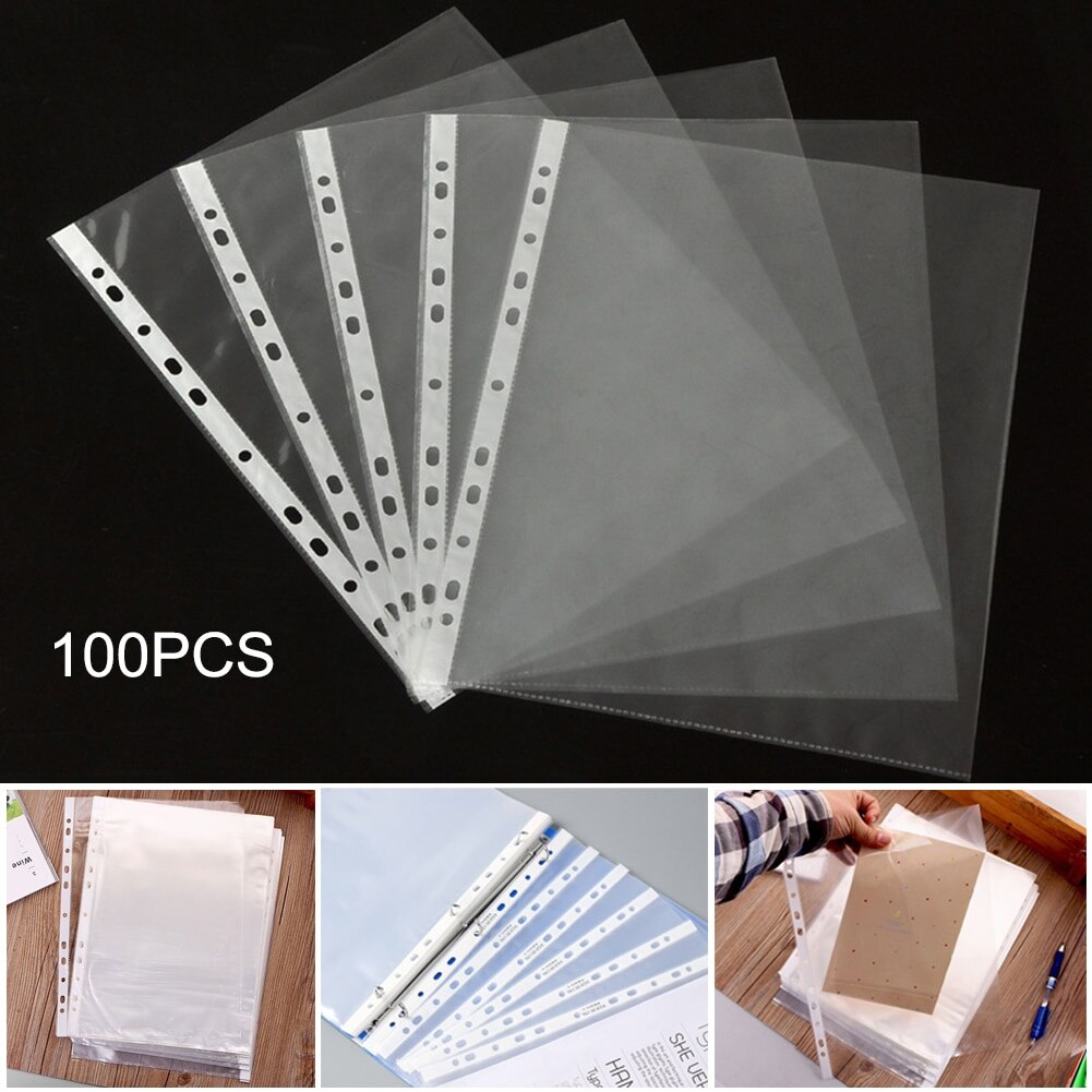 100 Stks/set A4 Plastic Geslagen Zakken Mappen Filing 11 Gaten Pvc Losse Blad Documenten Vel Protectors Transparante Map Tas