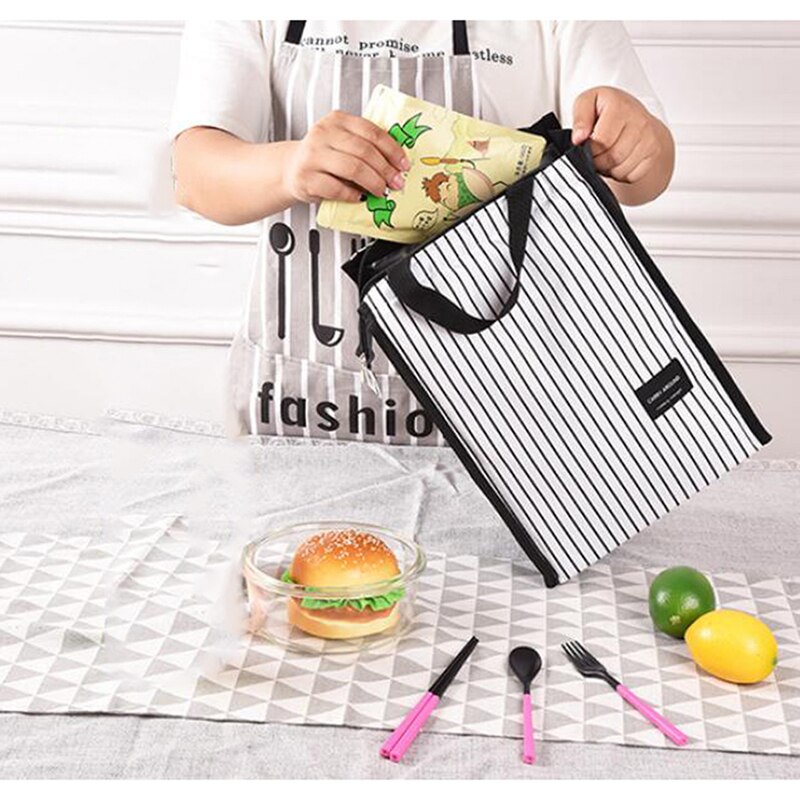 Sacs à déjeuner thermiques portatifs de rayures blanches noires pour des femmes enfants hommes nourriture pique-nique refroidisseur boîte sac fourre-tout isolé récipient de stockage