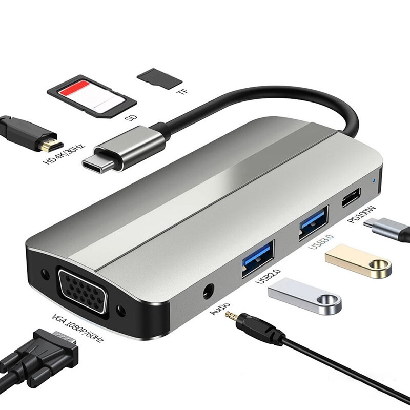 USB C Hub 8-in-1 USB C Adapter Dock mit Typ-C ZU HDMI-Kompatibel 4K + VGA + PD100W + SD + TF + Audio- + USB3.2 + USB 2,0 für