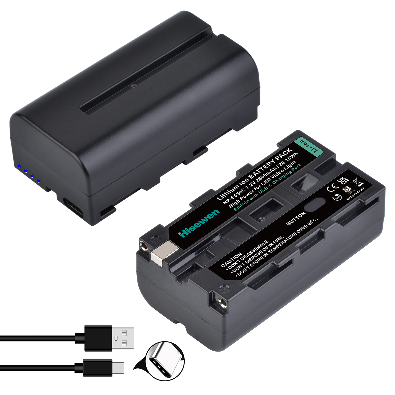 2800mAh Built-in Type-C Charging Port Battery for NP-F330 NP-F530 NP F550 NP-F570 NP-F750 LED Video Light Photography Lighting: black