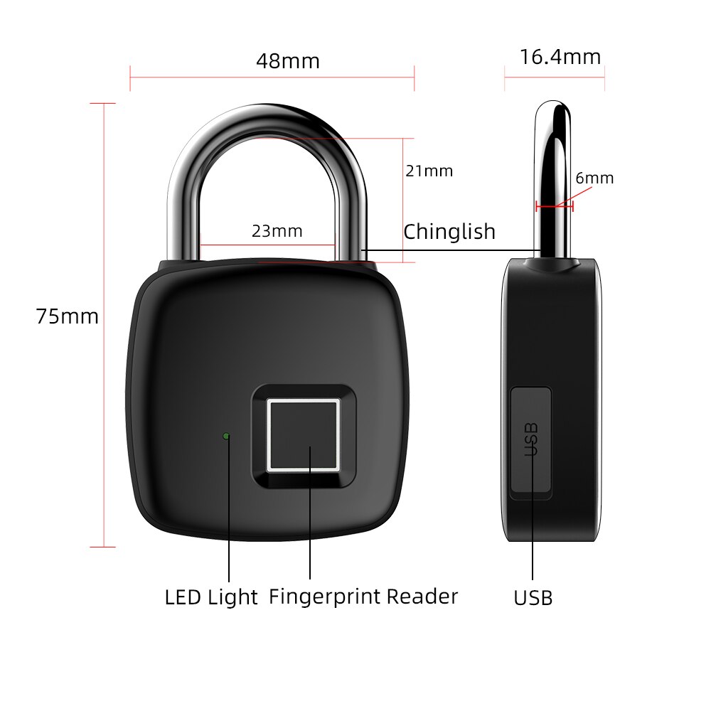 Security Smart Fingerprint Door Lock IP65 Grace Waterproof Intelligent Padlock Square Zinc Alloy Metal