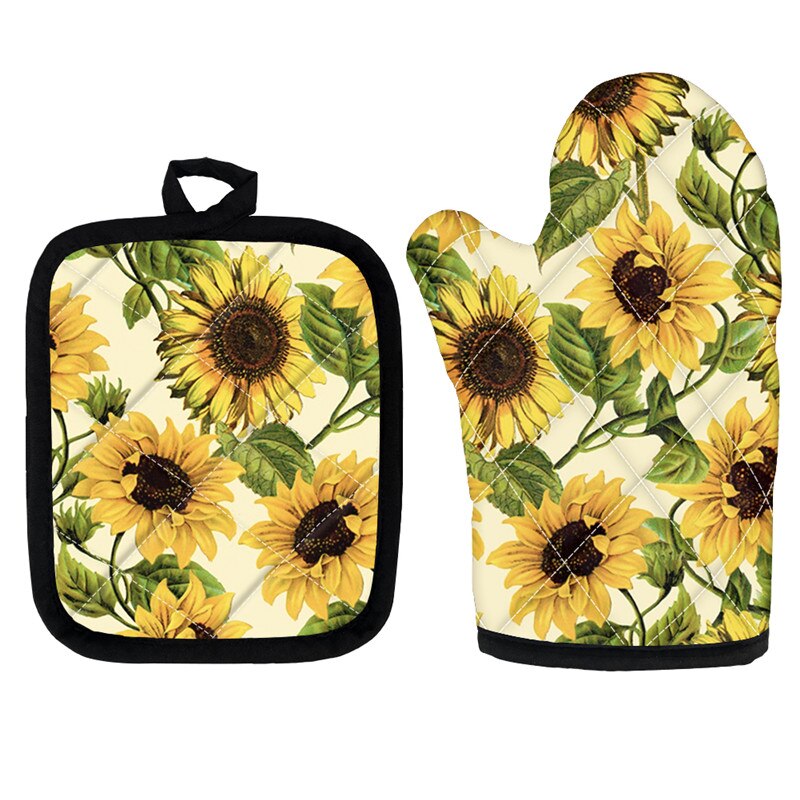 Golden Sunflowers Oven Mitts and Pot Holders Insulated Gloves for Cooking BBQ Baking Grilling Floral Style Kitchen Accessories: YY4301D19