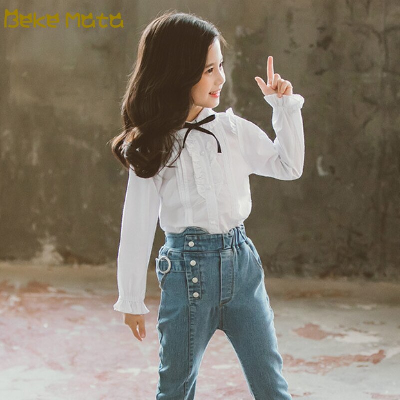 Blusa blanca para niña adolescente, camisa de manga larga con volantes, uniforme escolar, camisas para niña de 4 a 15 años, primavera 2022