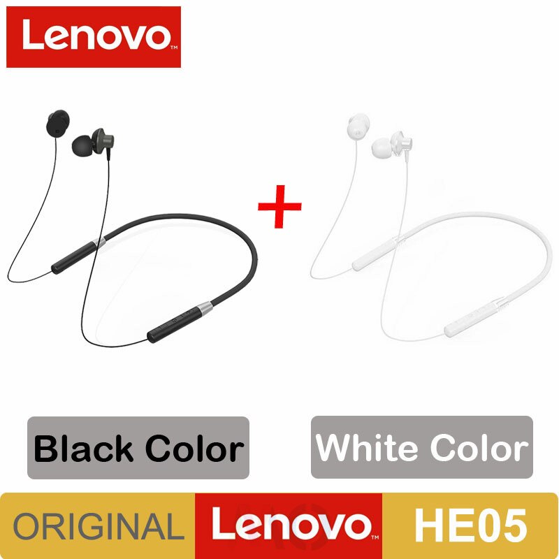 Original Lenovo HE05 Bluetooth 5.0 Wireless Magnetic Neckband Running Sports Earphone Earplug with Waterproof Noise Canceling: HE05 Black add White