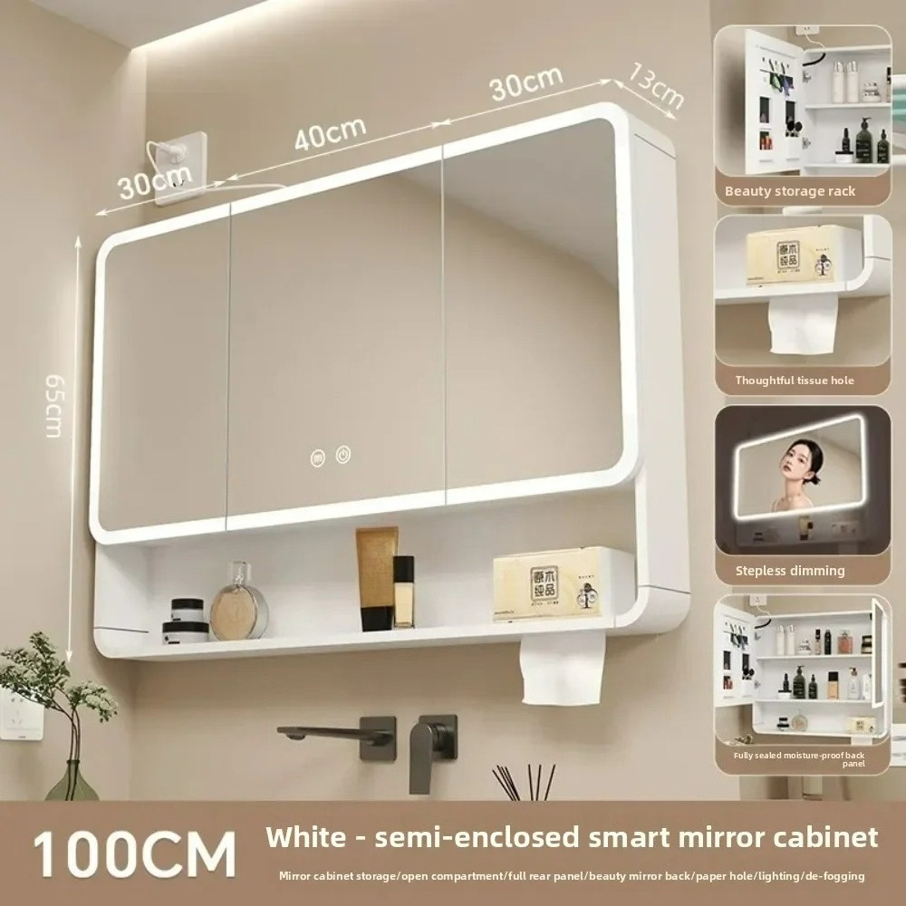 LED Bathroom Mirror Cabinet Anti Fog Wall Mounted Storage Mirror Carbon Fiber Rounded Corner Makeup Mirror