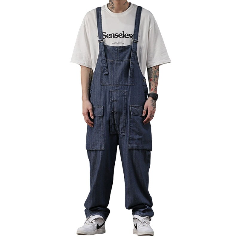 Spring Retro Overalls Men Bib Jumpsuits Trend Big Pocket Cotton Straight Loose Street Blue Hip Hop Wide Leg Pants Trousers