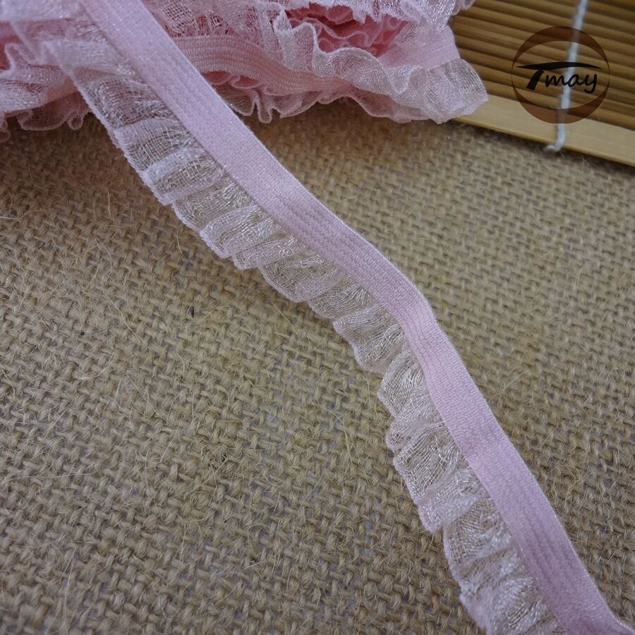 #1020 roze ruche kant trim 13mm 6 yards/lot elastische kant Vouw Chiffon Garen Kant haar Elastische bands Gaas Ruches DIY Kleding