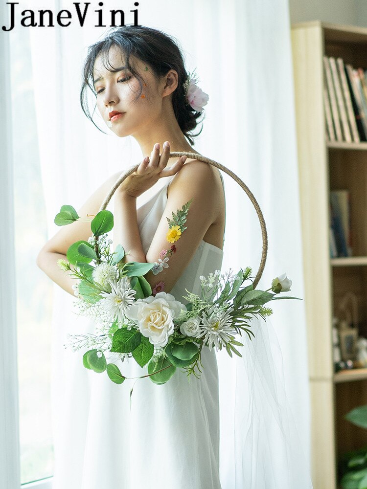 Janevini rose articielle hvid bryllupsbuket grøn brudepige blomst brud håndkrans kunstig brudebuket mariage blanc
