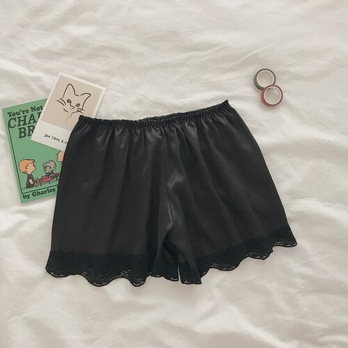 Sleep Bottoms Women Lace Solid Pajama Shorts Girls Summer Sleepwear Breathable Safety Outwear Sweet Students Thin Lounge Wear: black-big lace