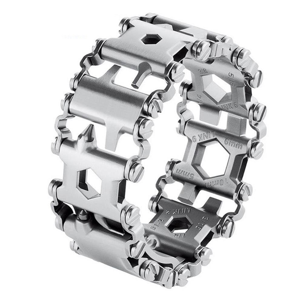 Pulsera multiherramienta 29 en 1, pulsera de reparación multifunción de acero inoxidable, llave de destornillador, Kit de emergencia para bicicleta y acampada: Silver