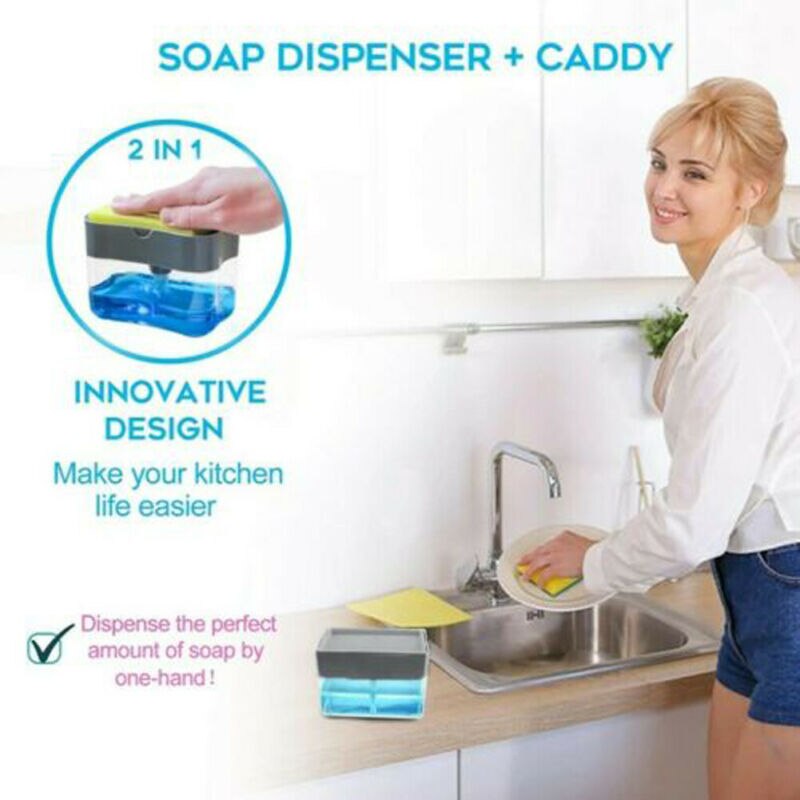 2-In-1 Handpers Zeepdispenser Zeepdispenser Pomp Spons Keuken Badkamer Met Spons