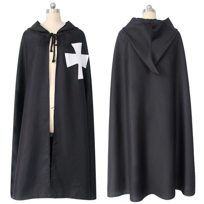 Halloween medeltida dräkt kläder svarta riddare kostym hospitaller tunika kappa cape män gotisk vit korsrock