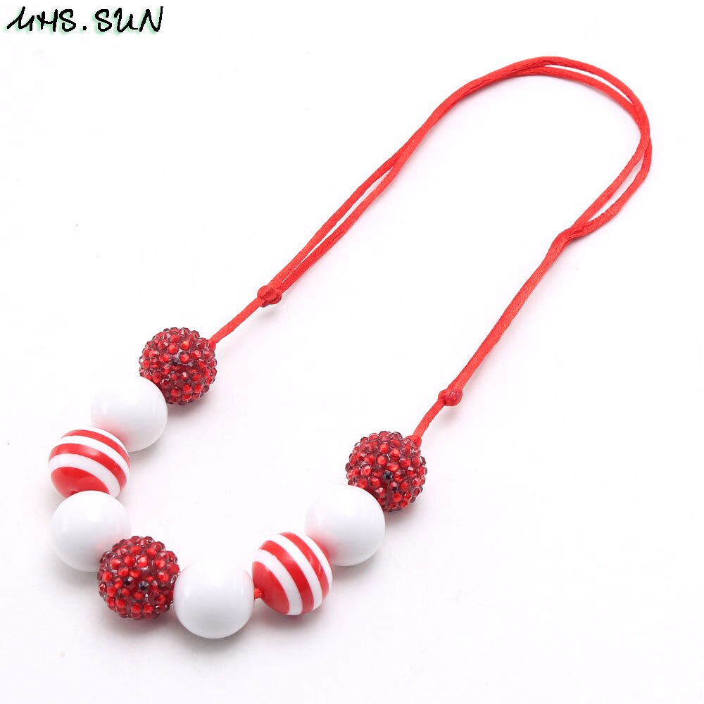 MHS. ZON rood + wit chunky bubblegum ketting mode meisjes strass kralen ketting kids verstelbare touw sieraden voor party