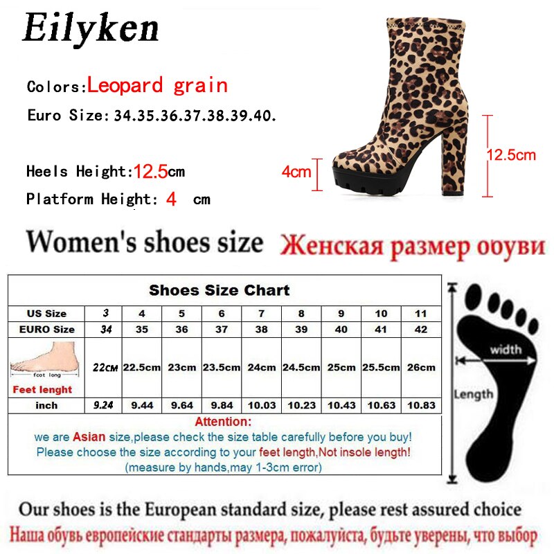 Eilyken leopard stövlar för kvinnor tjocka klackar höst vinter flock platåskor höga klackar dragkedja dam boots